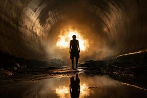 A man standing in a dark tunnel with fire coming out of it photo