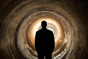 A man standing in a dark tunnel with a light coming out of it photo