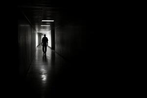 A person walking down a dark hallway photo