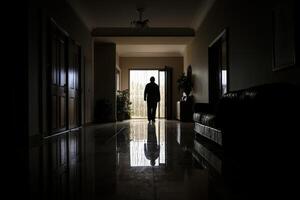 A silhouette of a man walking down a hallway photo
