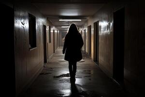 A woman walking down a hallway in an old building photo