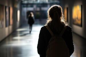 A woman with a backpack walking through an art gallery photo