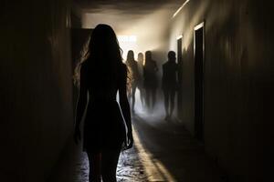 A woman is walking down a hallway with a group of people behind her photo