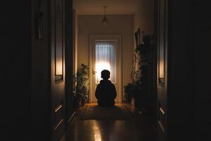 A person sitting in the dark in a hallway photo