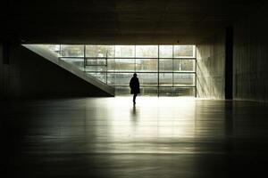A person walking in an empty room with a large window photo