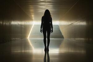A silhouette of a woman standing in a dark hallway photo