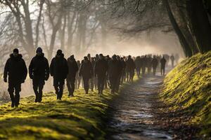A group of people walking down a path in the fog photo
