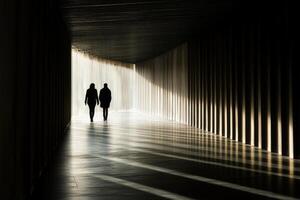 Two people walking down a long hallway with light coming from the end photo