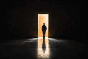 A person standing in front of an open door photo