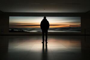 A man standing in front of a large screen photo