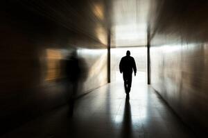 A man walking through a dark tunnel with light coming from the end photo