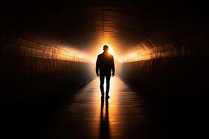 A man standing in the middle of a dark tunnel photo