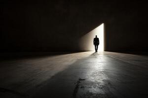 A man standing in front of a light at the end of a dark room photo