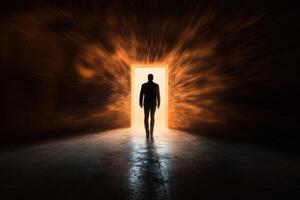 Man standing in front of an open door with a bright light coming from it photo
