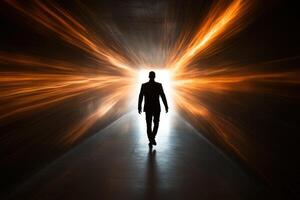 A man walking into a tunnel with light coming out of it photo