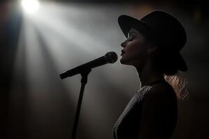 A woman in a hat sings into a microphone photo
