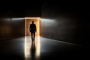 A man is walking through a dark hallway with light coming from the end photo