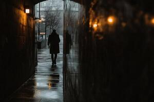 A person walking down a dark alleyway at night photo