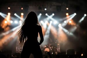 A woman standing in front of a stage with lights photo
