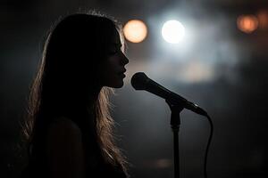 A woman is singing into a microphone in the dark photo
