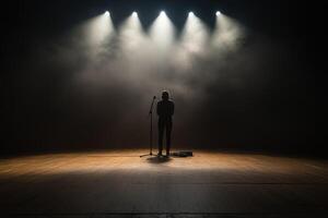 A man stands in front of a microphone in a dark room photo