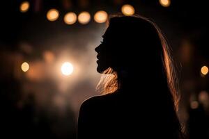 A silhouette of a woman standing in front of lights photo