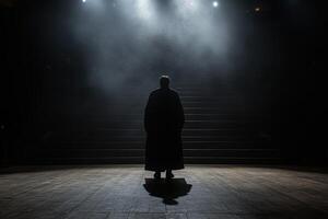 A man in a black cloak stands in front of a stage photo