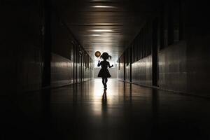 A girl is walking down a hallway with a balloon photo