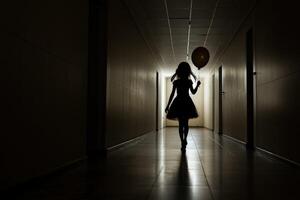 Silhouette of a girl with a balloon in a dark hallway photo