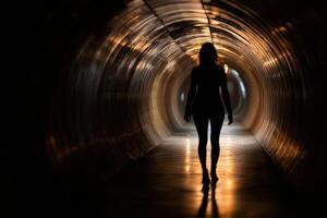 A woman is walking through a dark tunnel photo
