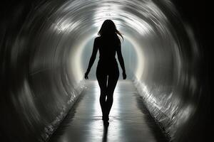 A woman walking through a tunnel with light coming from the end photo
