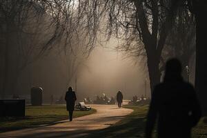 People walking in the park at sunset photo