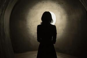 A woman standing in a dark tunnel with a light coming from the end photo