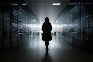 A woman in a black coat walks through a hallway with many screens photo