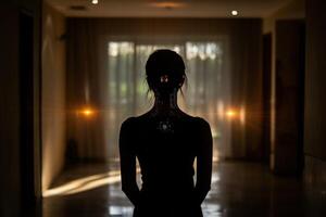 A woman standing in a dark room with a light shining on her photo