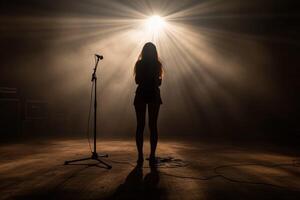 A woman standing in front of a microphone in a dark room photo