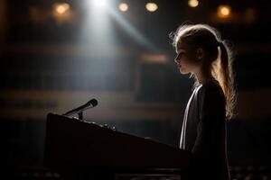 A young girl stands at a podium in front of a spotlight photo
