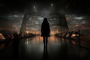 A woman stands in front of a futuristic building photo