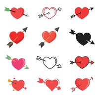 Heart with arrow icon set collection in flat style. Valentines day illustration on isolated background. Amour sign business concept. vector