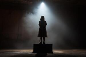 A woman standing on a box in a dark room photo