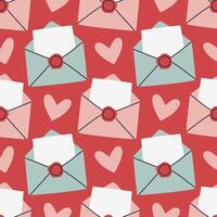 Envelope seamless pattern on red background. Valentines day mail. Simple opened and closed envelopes, decorated with hearts. Holiday background for wrapping, textile vector