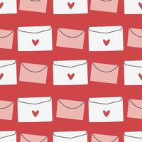 Envelope seamless pattern on red. Valentines day mail. Simple opened and closed envelopes, decorated with hearts. Holiday background for wrapping, textile vector