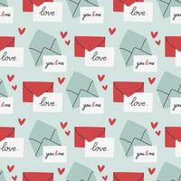 Envelope seamless pattern on blue. Valentines day mail. Simple opened and closed envelopes, decorated with hearts. Holiday background for wrapping, textile vector