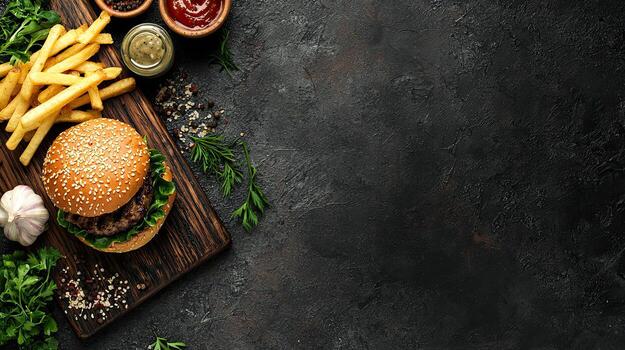 hamburger with fries on a wooden board against a dark background, with space for text and elements of garlic photo