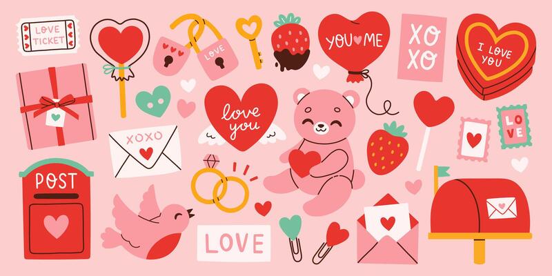 Cute love stickers set for daily planner and diary. Scrapbooking elements for valentines day heart, gift, chocolate box, teddy bear, mailbox and mail
