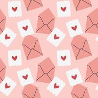 Envelope seamless pattern on pink background. Valentines day mail. Simple opened and closed envelopes, decorated with hearts. Holiday background for wrapping, textile vector