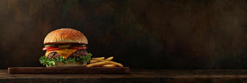 A hamburger with cheese and fries on a wooden board, against a dark background with space for text photo