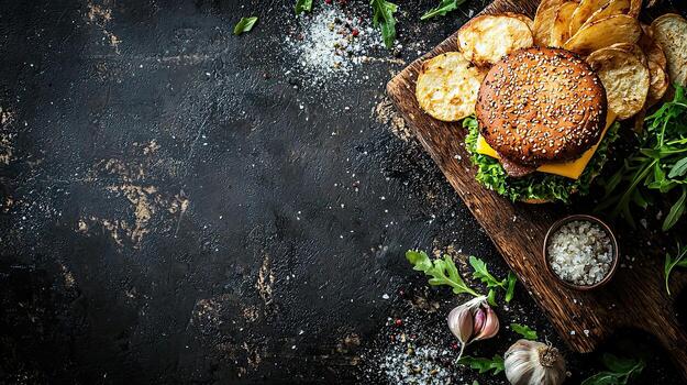 hamburger with fries on a wooden board against a dark background, with space for text and elements of garlic photo