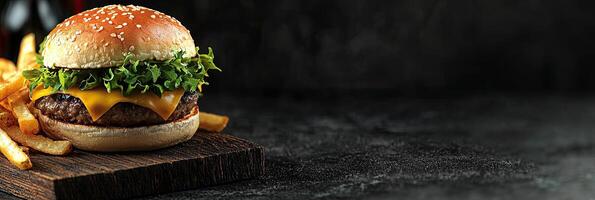 A hamburger with cheese and fries on a wooden board, against a dark background with space for text photo