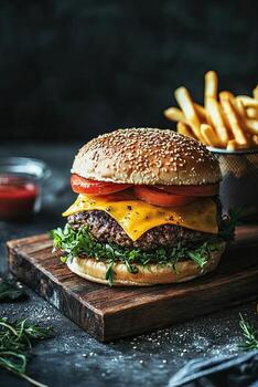 A hamburger with cheese and fries on a wooden board, against a dark background with space for text photo